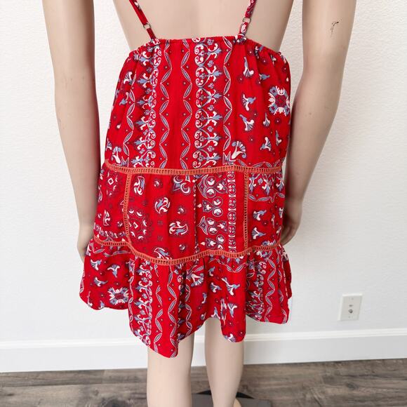 [Selfie Leslie] Red Ariya V-Neck Low Back Ruffle Bandanna Mini Dress Sz Large L - Picture 8 of 12